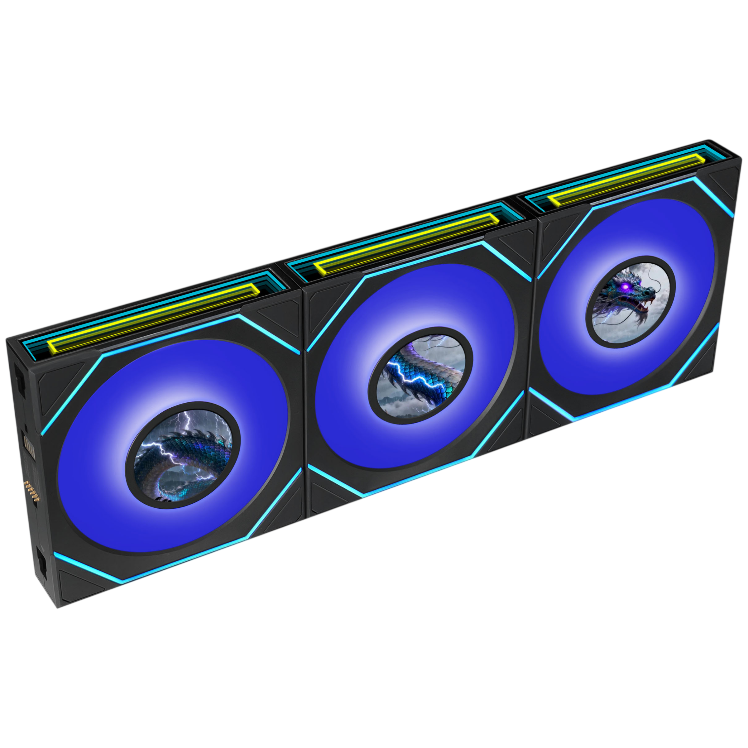 Tres ventiladores Lian Li FLEX conectados