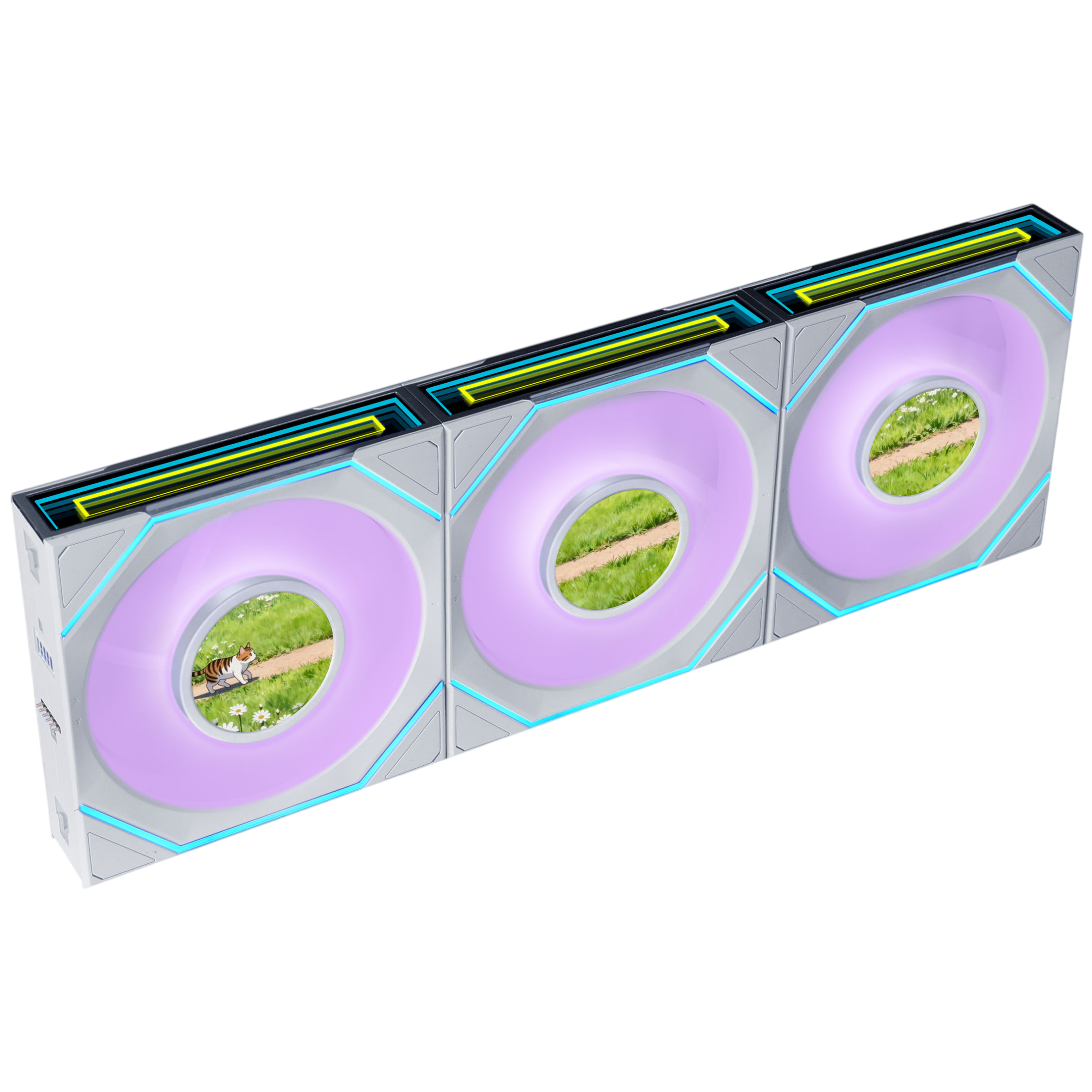 Tres ventiladores Lian Li FLEX conectados