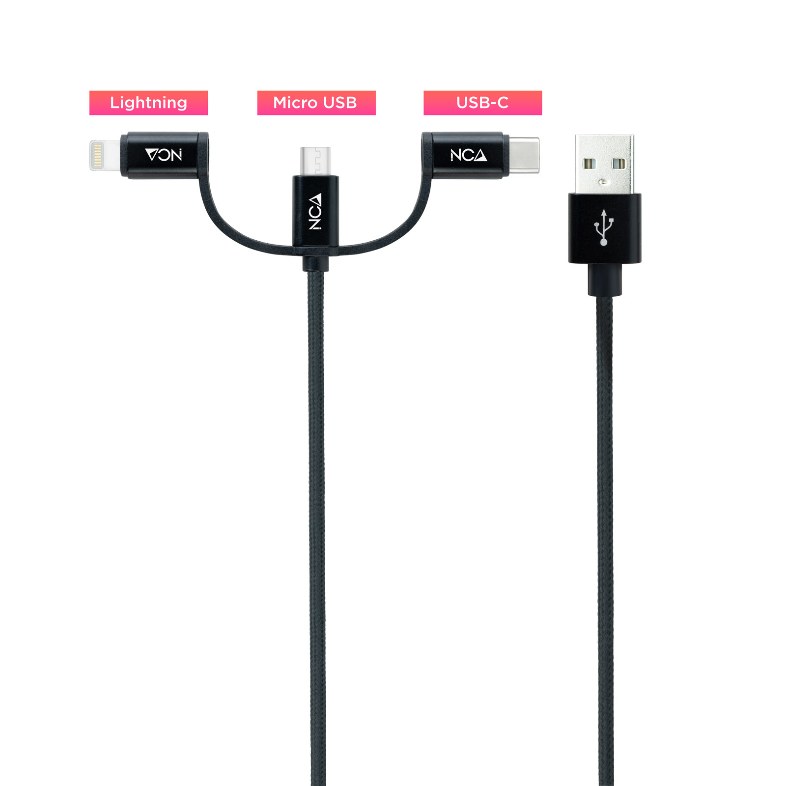 Picture of Picture of Cable USB 3 em 1 Nanocable USB-A para 1x USB-C + 1x Micro-USB + 1x Lightning 1 M Negro