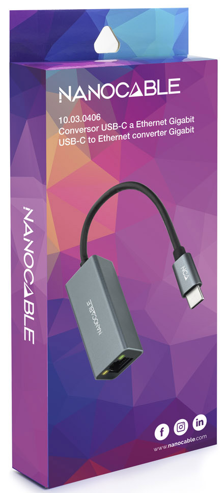 Nanocable - Adaptador Gigabit NanoCable USB-C a Ethernet Gigabit 10/100/1000 Mbps 15 CM Gris