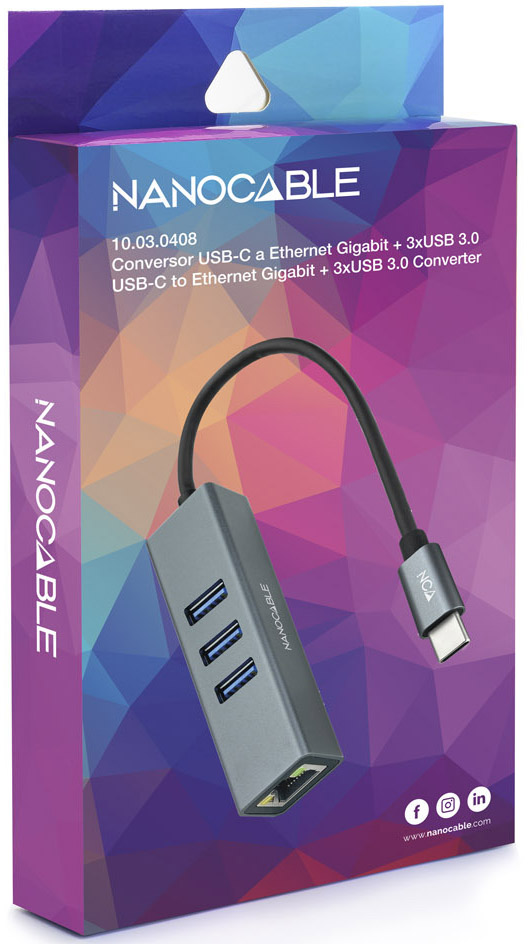 Nanocable - Adaptador Gigabit NanoCable USB-C a Ethernet Gigabit 10/100/1000 Mbps / 3x USB 3.0 15 CM Gris