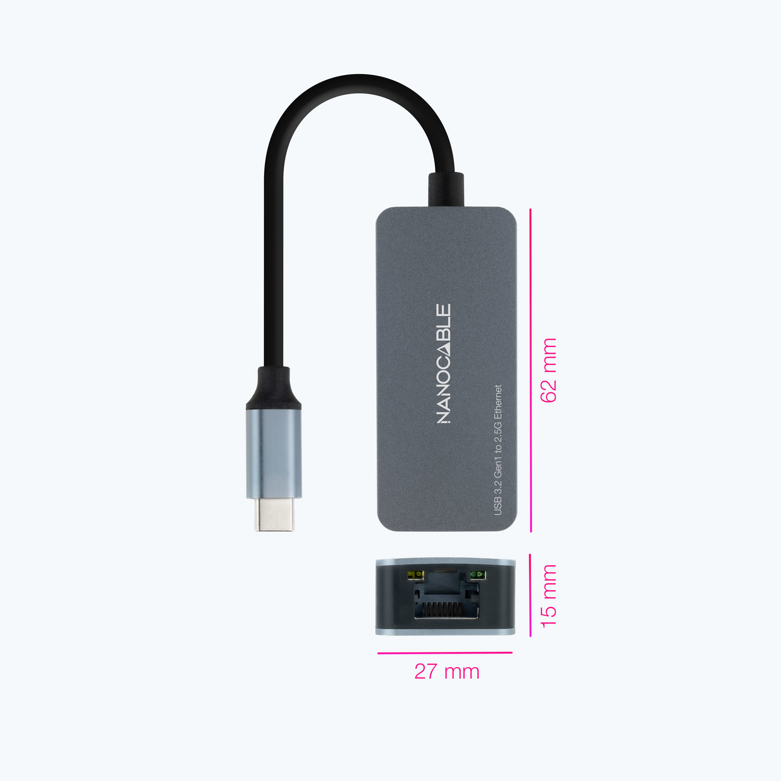 Picture of Picture of Adaptador Gigabit Nanocable USB-C 3.2 a Ethernet 2.5G 10/100/1000/2500 Mbps 15 CM Gris
