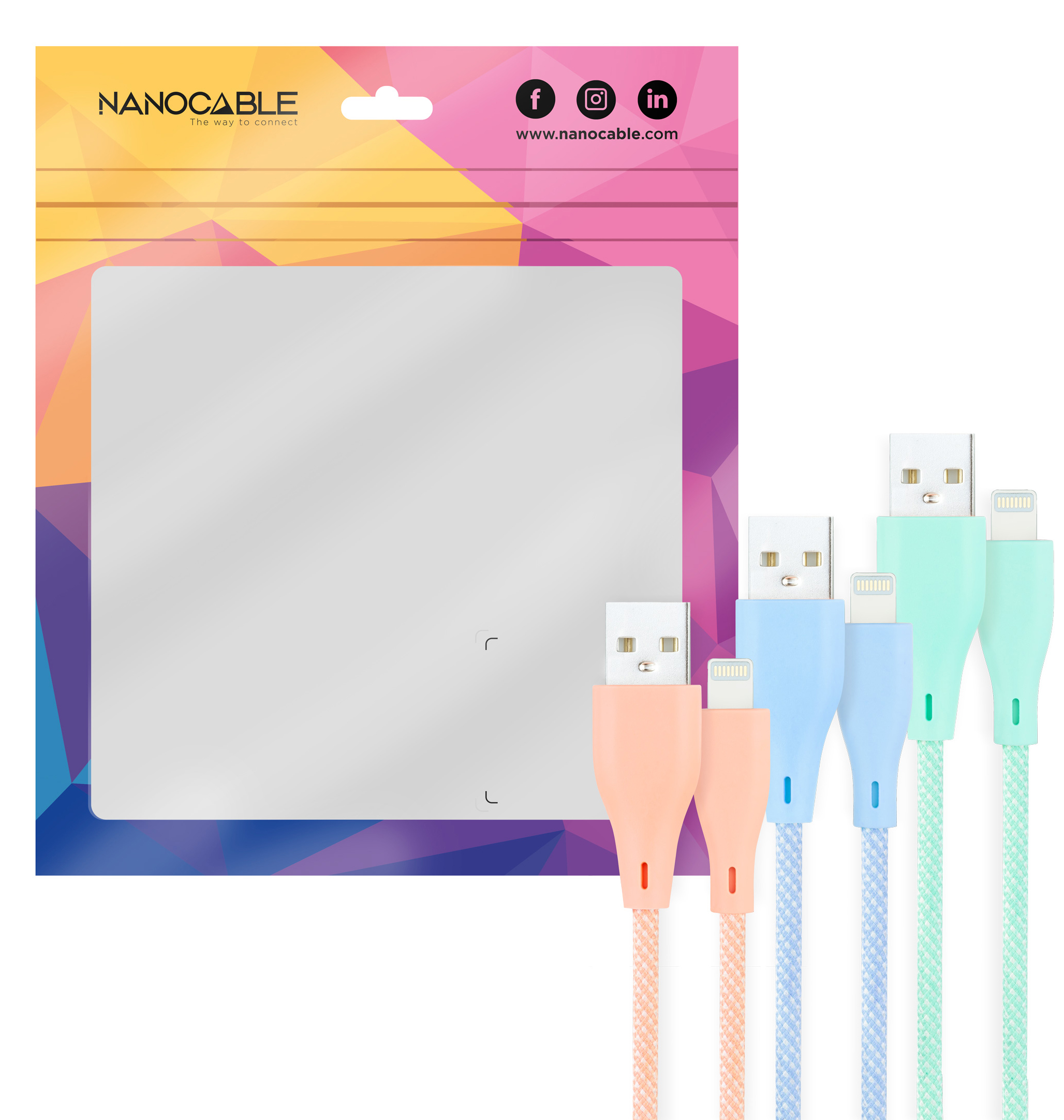 Picture of Picture of Cabos Lightning Nanocable Lightning para USB A/M Coiled 1M (Pack 3 - Rosa, Azul y Verde)