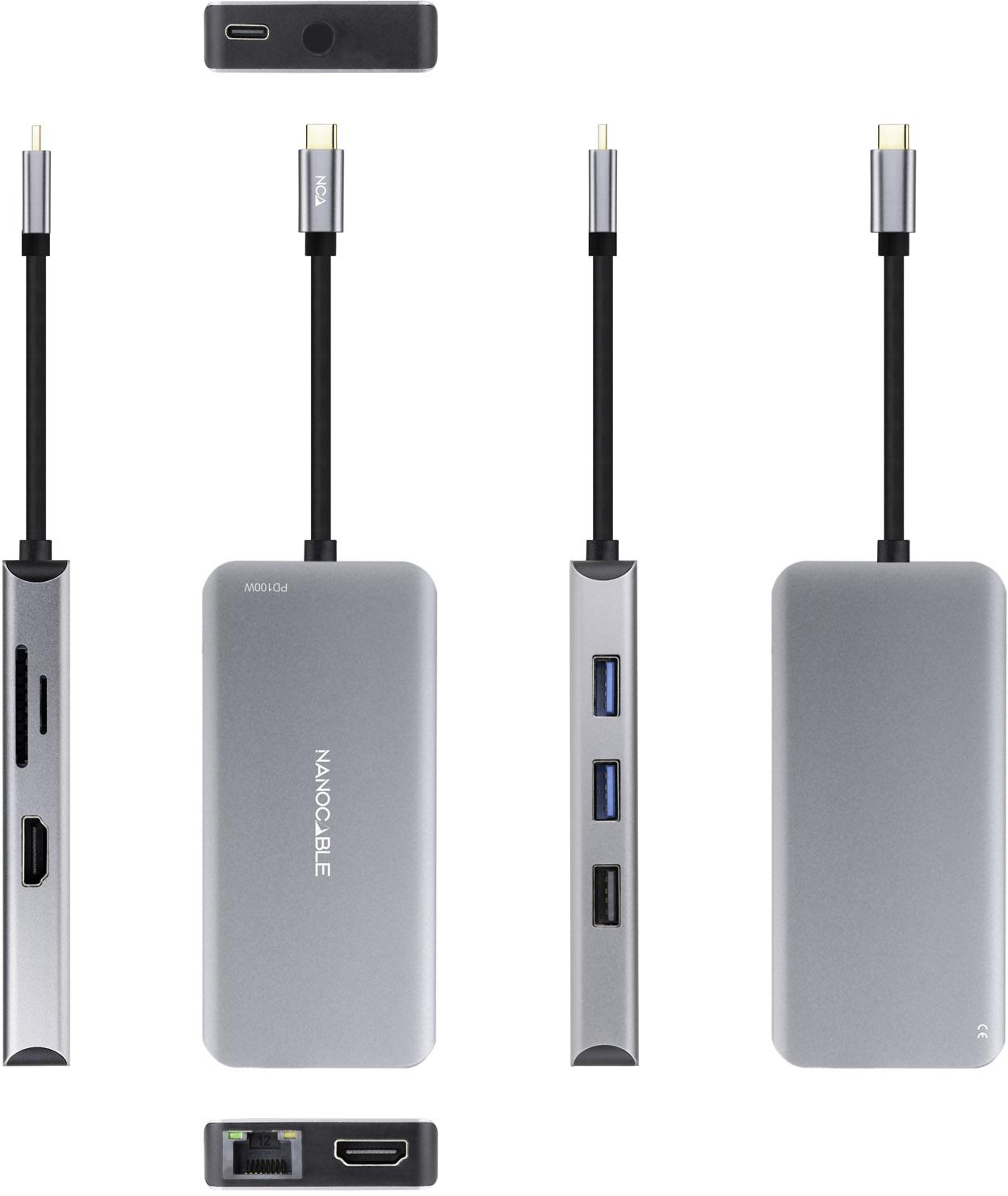 Picture of Picture of Hub USB-C Nanocable 3x USB-A / 2x HDMI / RJ45 / TF / SD / USB-C PD (100W) 15 CM Aluminio
