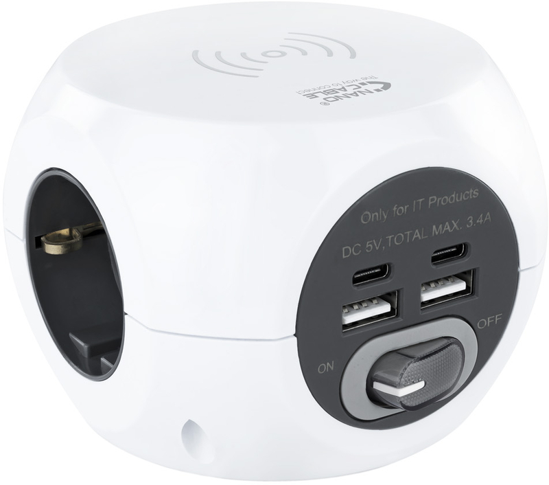Nanocable - Tomas de 3 sockets com 4 USB's (2 USB A / 2 USB-C) s/ fios, c/ interruptor