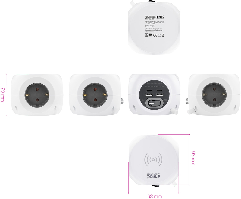 Nanocable - Tomas de 3 sockets com 4 USB's (2 USB A / 2 USB-C) s/ fios, c/ interruptor