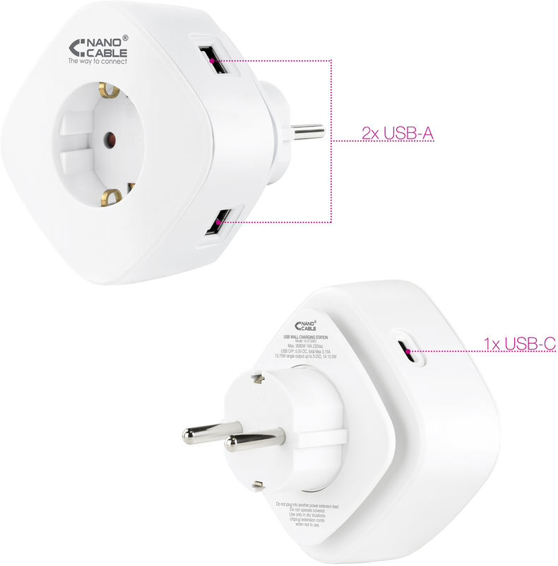 Picture of Picture of Cargador Tomas NanoCable 2 USB A / 1 USB-C y Tomas integrada