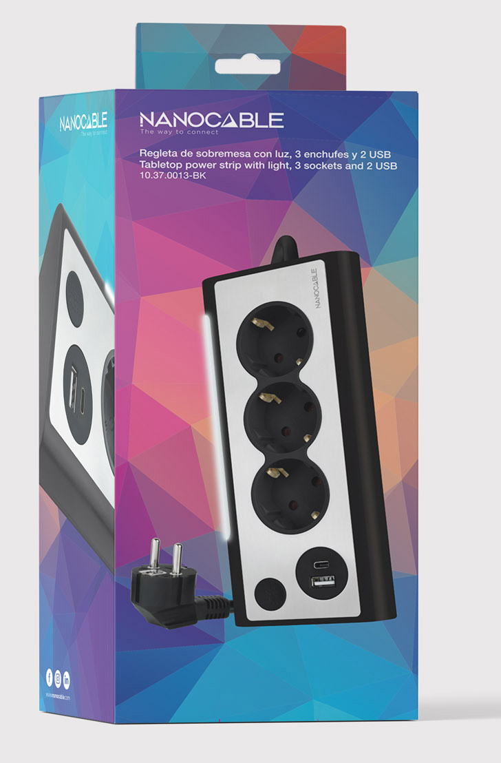 Nanocable - Regleta NanoCable 3 Tomas / 2x USB ( USB-C / USB-A ) Negro