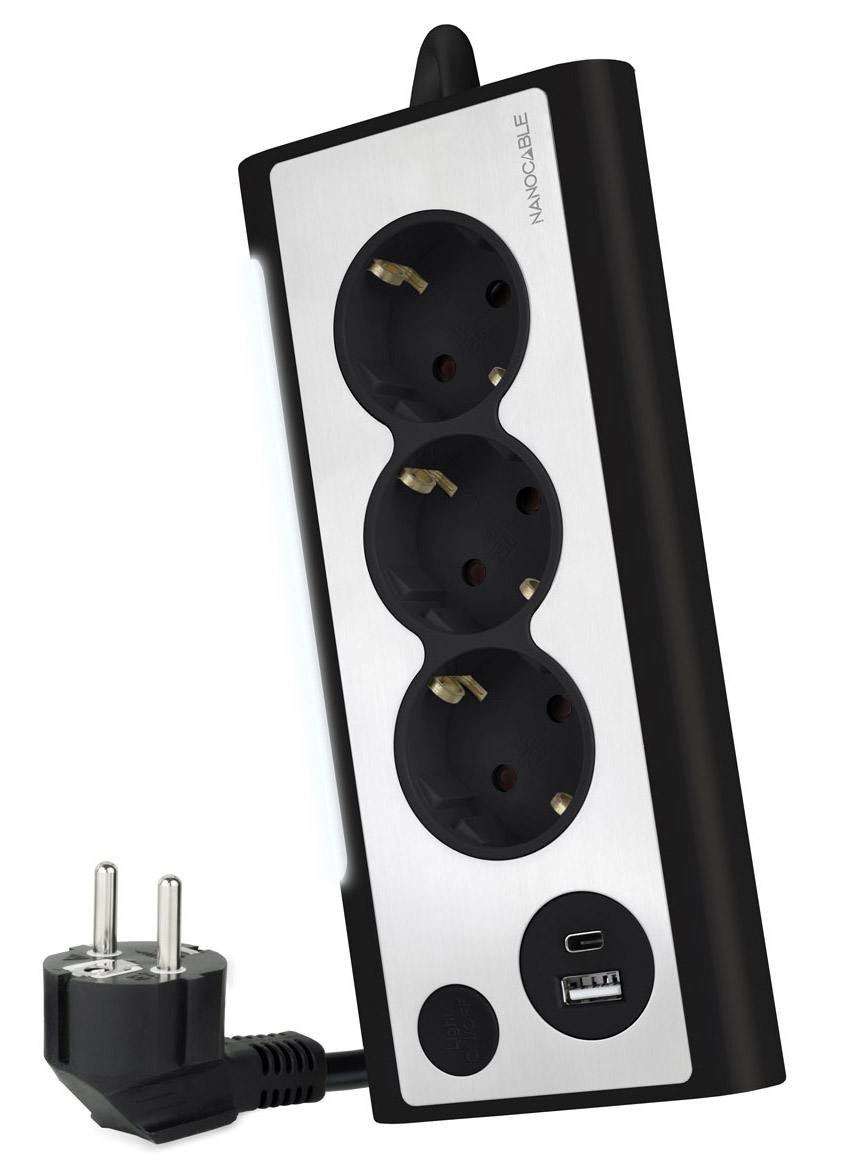 Picture of Picture of Regleta NanoCable 3 Tomas / 2x USB ( USB-C / USB-A ) Negro
