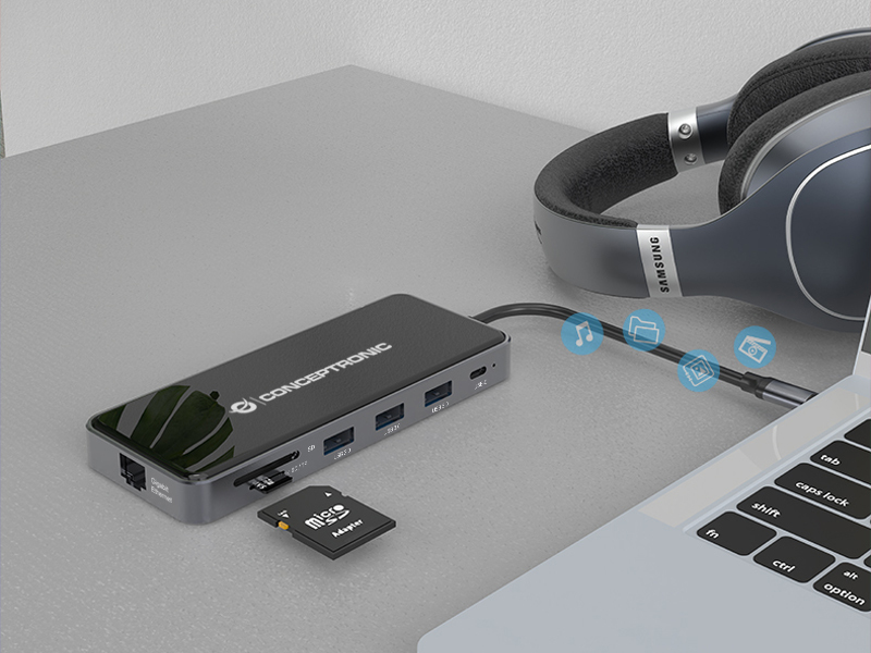 conceptronic - HUB USB 12 en 1 USB-C 3.2 > 3x USB-A 3.0 + 2x HDMI + VGA + USB 2.0 + Gigabit + USB-C (PD100W) + Lector de Tarjetas + Audio