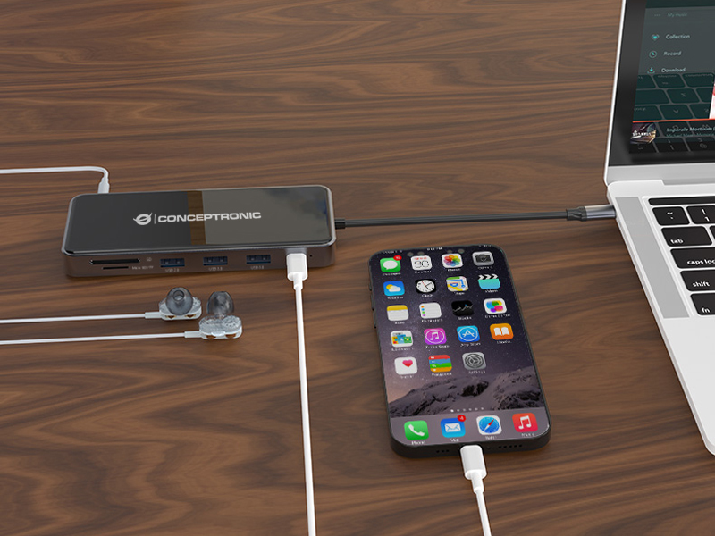 conceptronic - HUB USB 12 en 1 USB-C 3.2 > 3x USB-A 3.0 + 2x HDMI + VGA + USB 2.0 + Gigabit + USB-C (PD100W) + Lector de Tarjetas + Audio