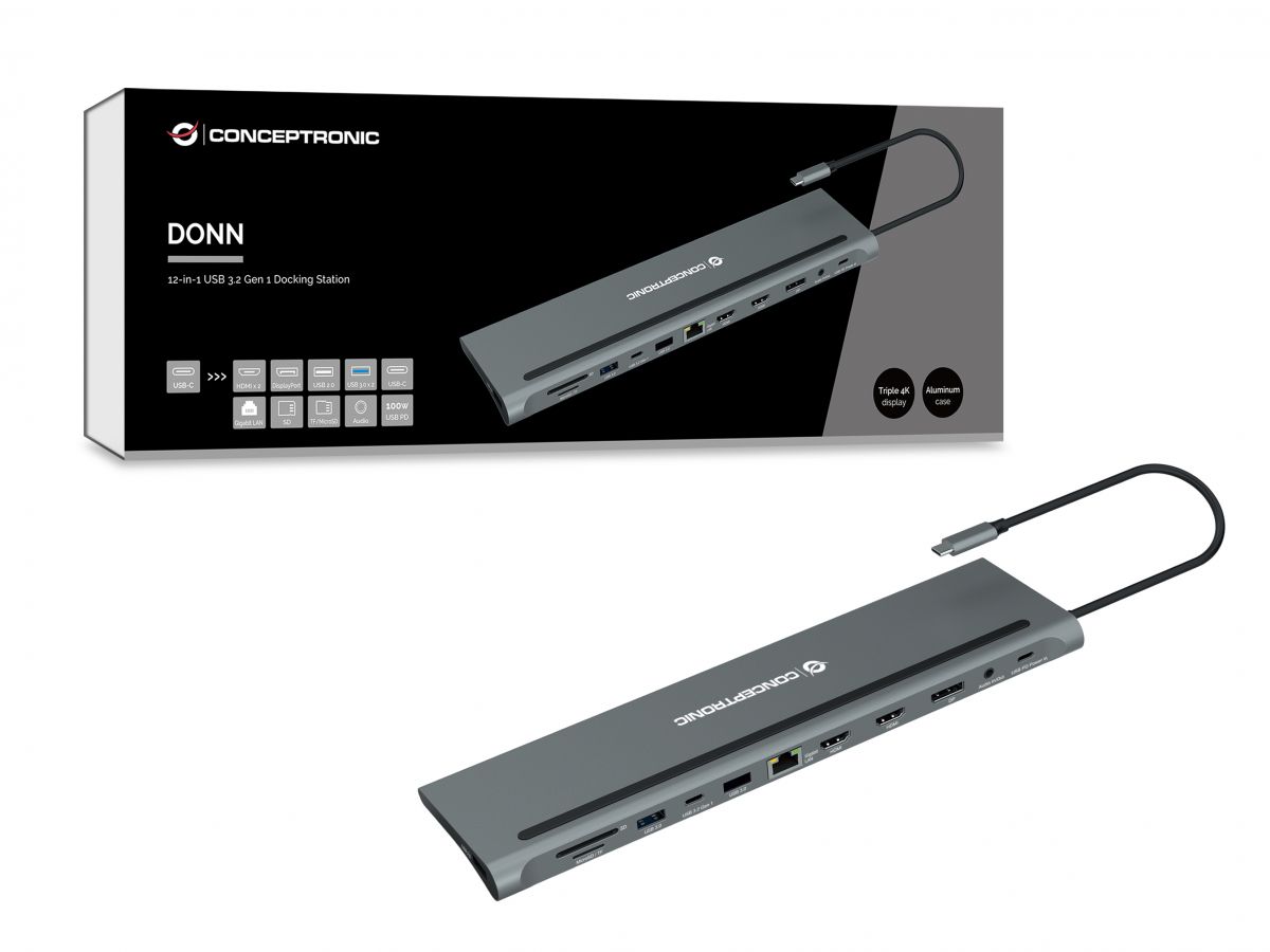 conceptronic - HUB USB Conceptronic 12-in-1 USB-C 3.2 > 2x USB3.0 + USB 2.0 + DP 4K + HDMI + Gigabit + Lt.Cartões + USB-C (PD100W) + USB-C + Áudio