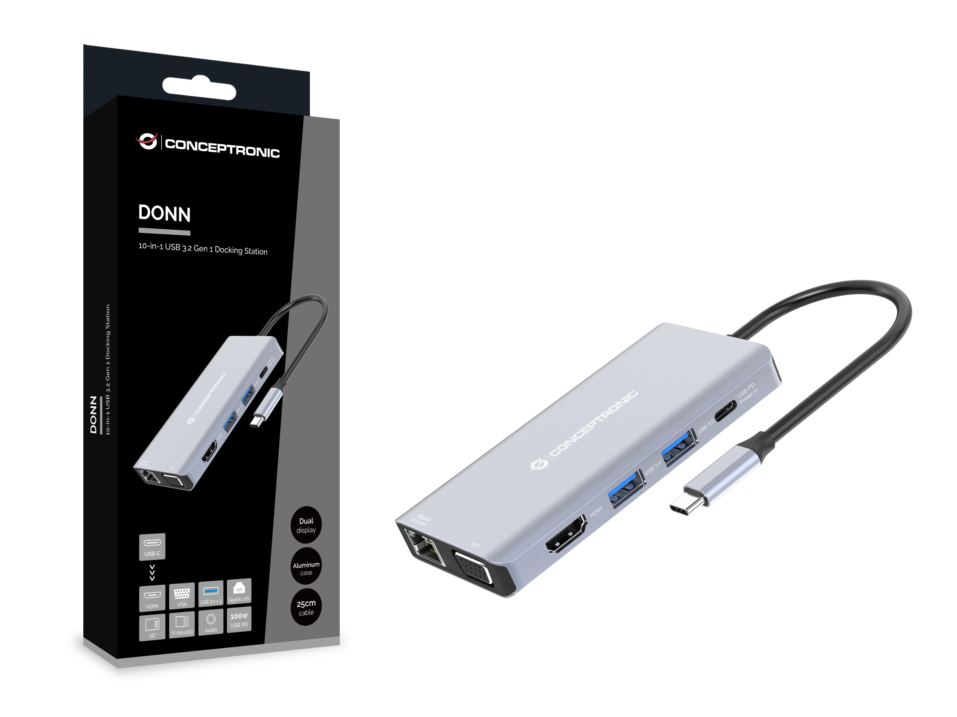 Picture of Picture of HUB USB Conceptronic 10-in-1 USB-C 3.2 > 3x USB-A 3.0 + HDMI + VGA + Gigabit + USB-C (PD100W) + Lt.Tarjetas + Áudio