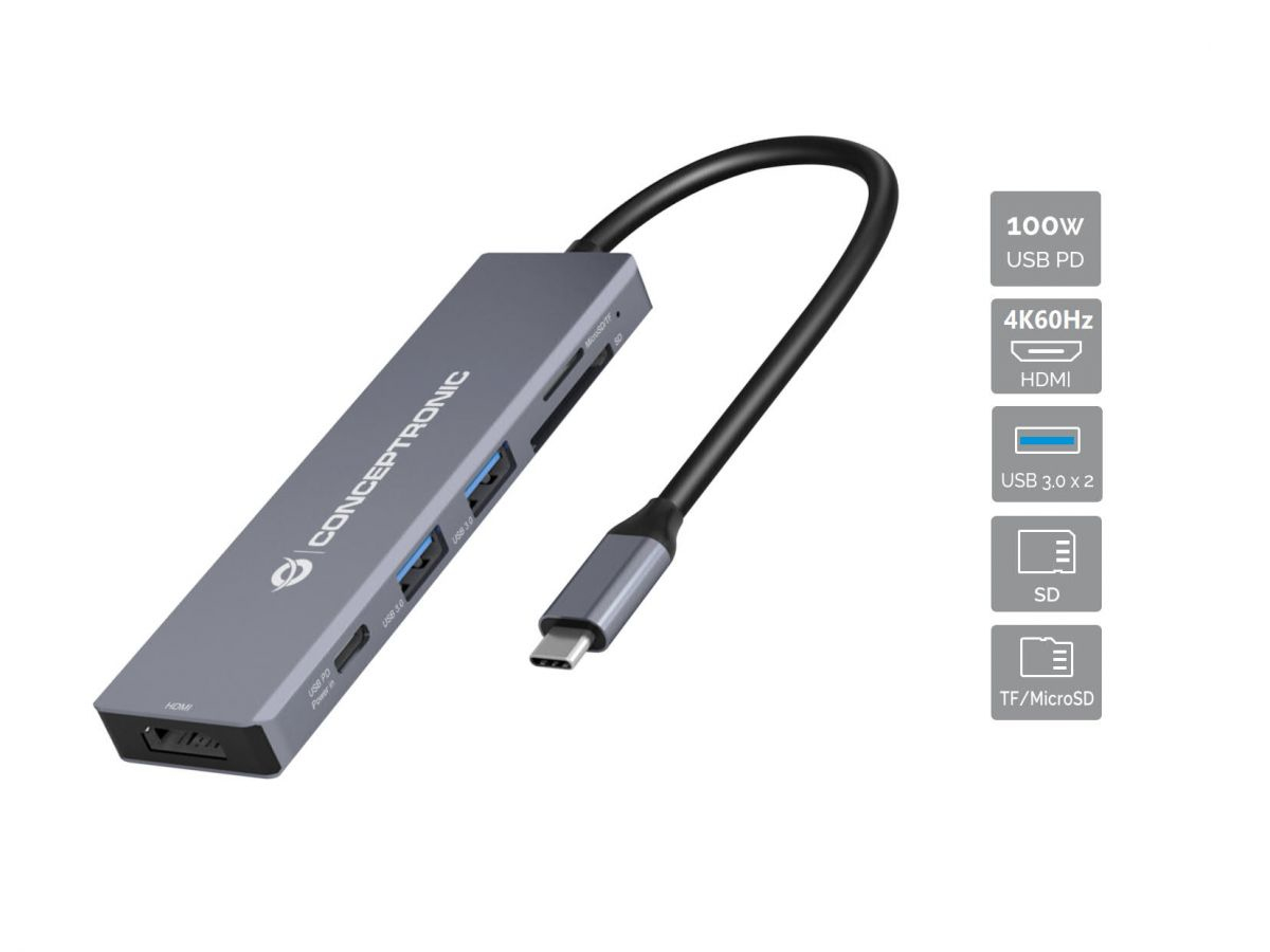 Picture of Picture of HUB USB Conceptronic 6-in-1 USB-C 3.2 > 2x USB-A 3.0 + HDMI + USB-C (PD100W) + Lt.Tarjetas