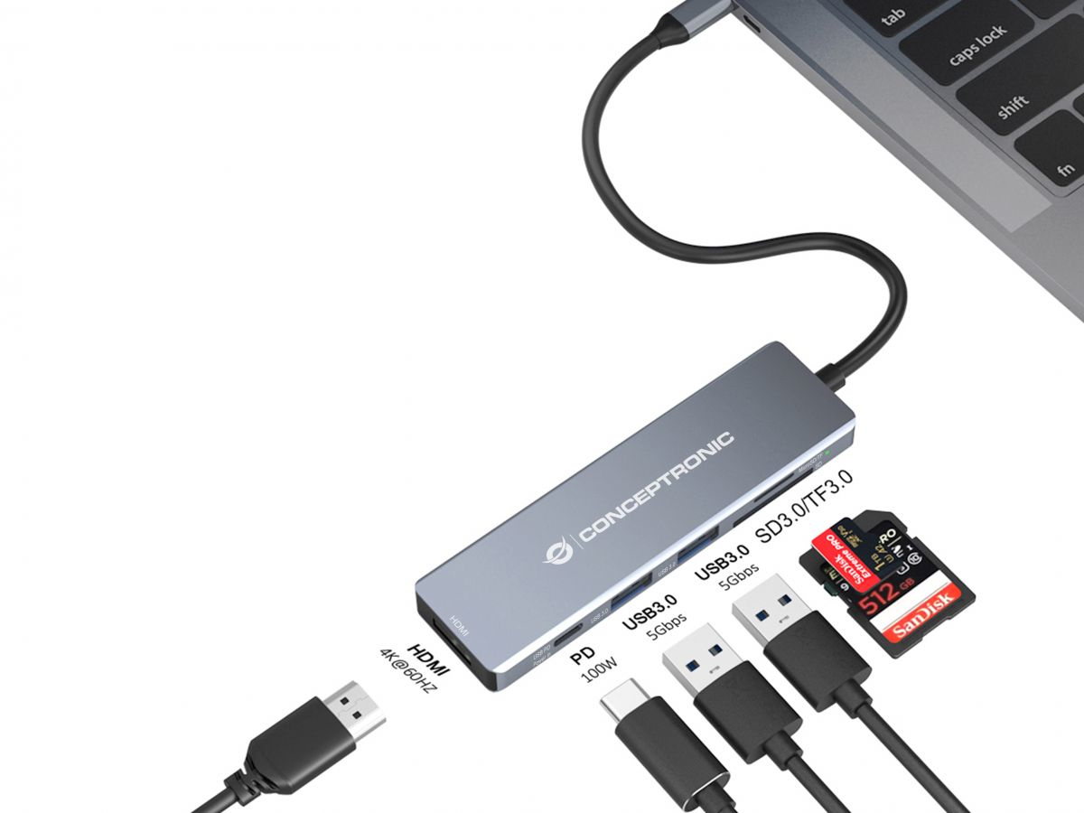 conceptronic - HUB USB Conceptronic 6-in-1 USB-C 3.2 > 2x USB-A 3.0 + HDMI + USB-C (PD100W) + Lt.Tarjetas