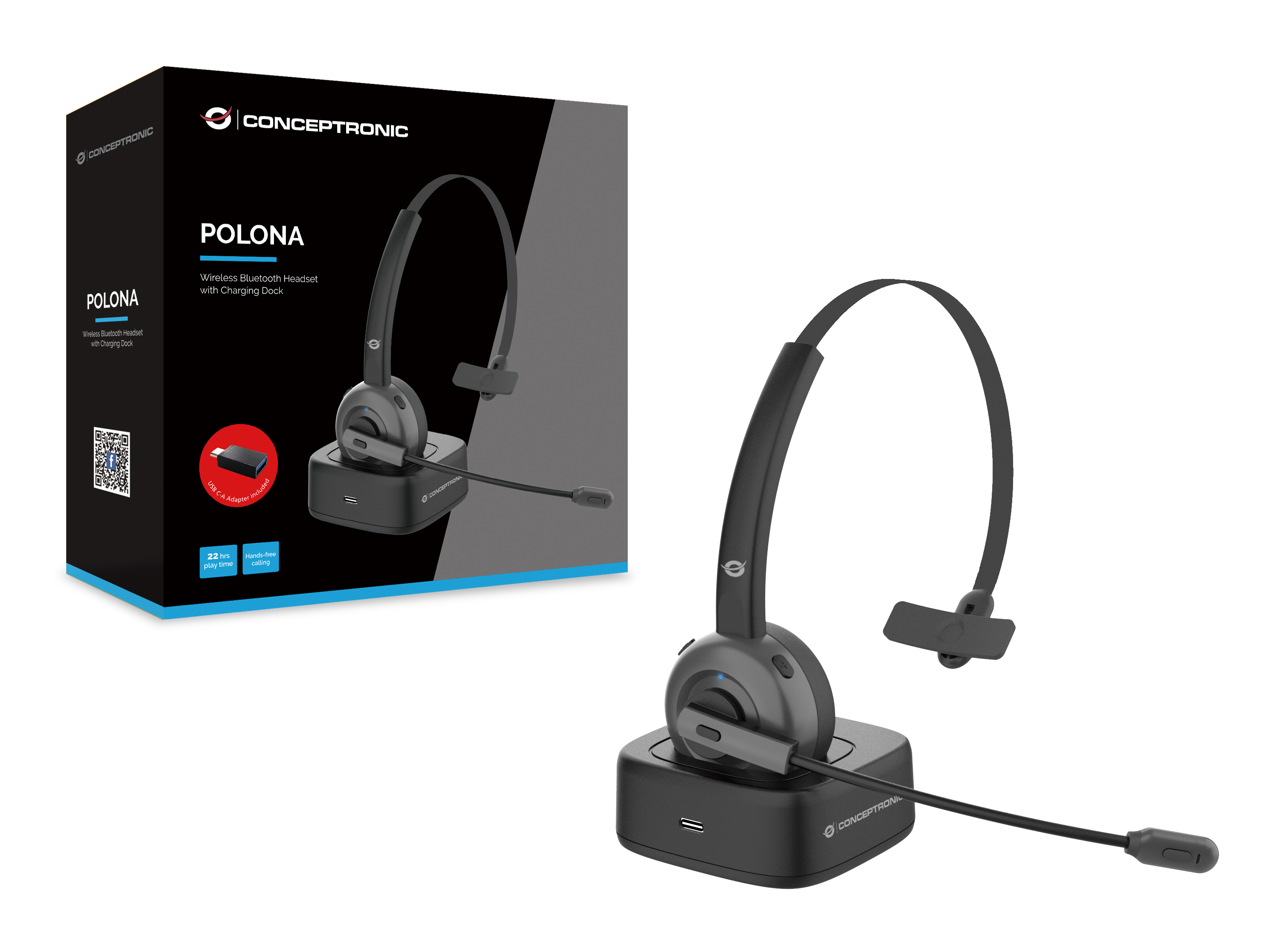 Picture of Picture of Headset Conceptronic Polona 03BD Mono-Headset c/Charging Dock Bluetooth + Dongle