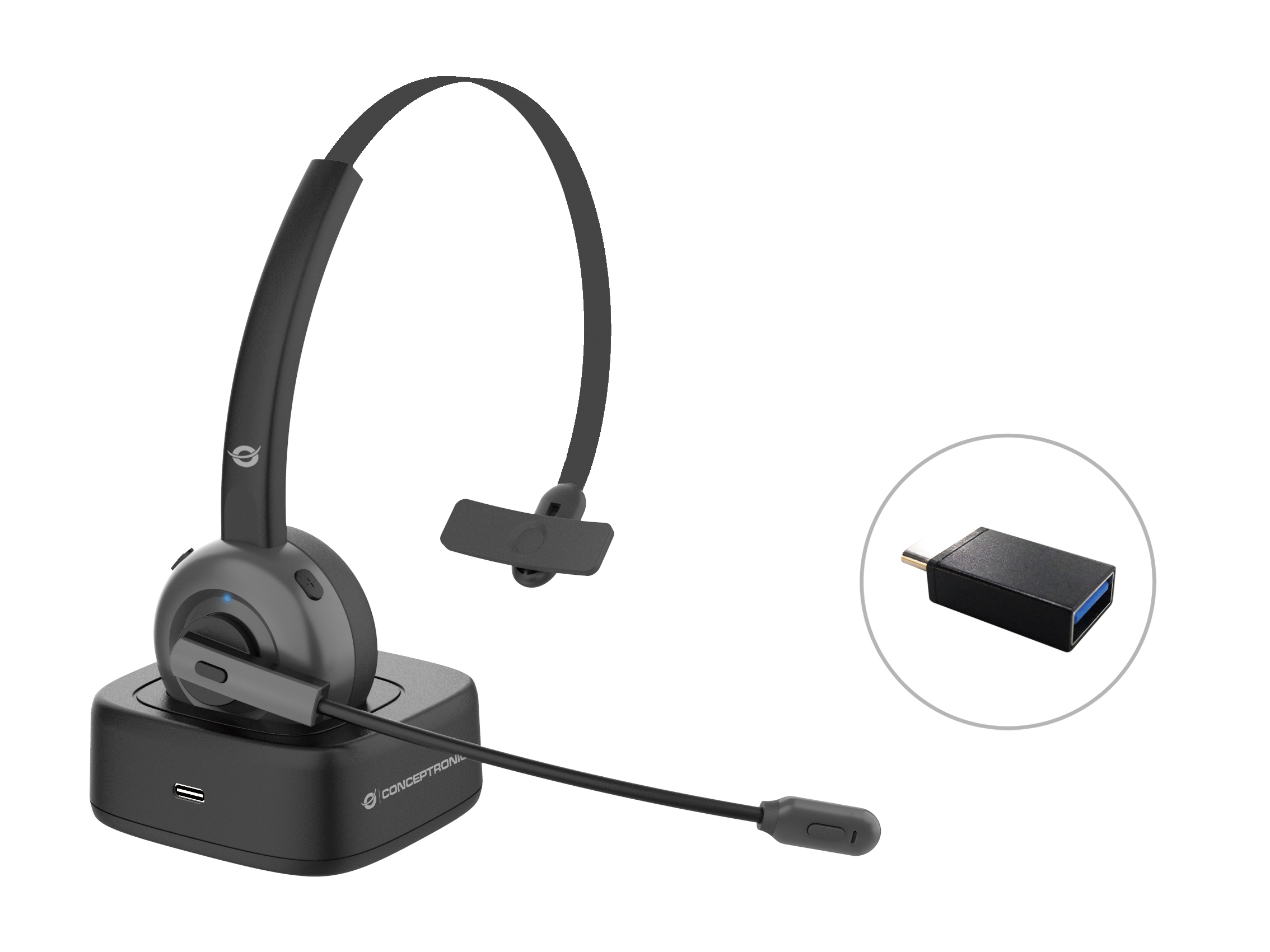 Picture of Picture of Headset Conceptronic Polona 03BD Mono-Headset c/Charging Dock Bluetooth + Dongle