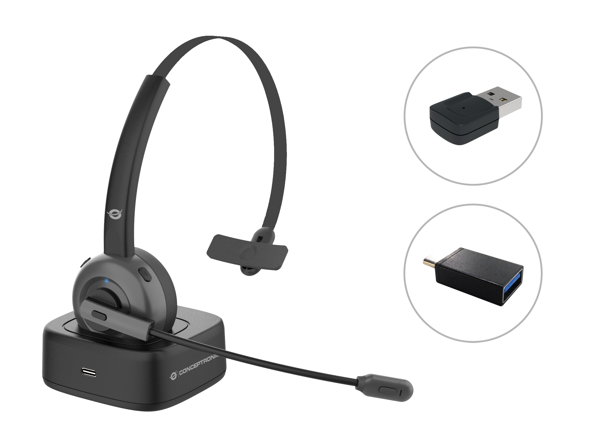 Picture of Picture of Headset Conceptronic Polona 03BDA Mono-Headset c/Charging Dock e Bluetooth Audio Adapter + Dongle