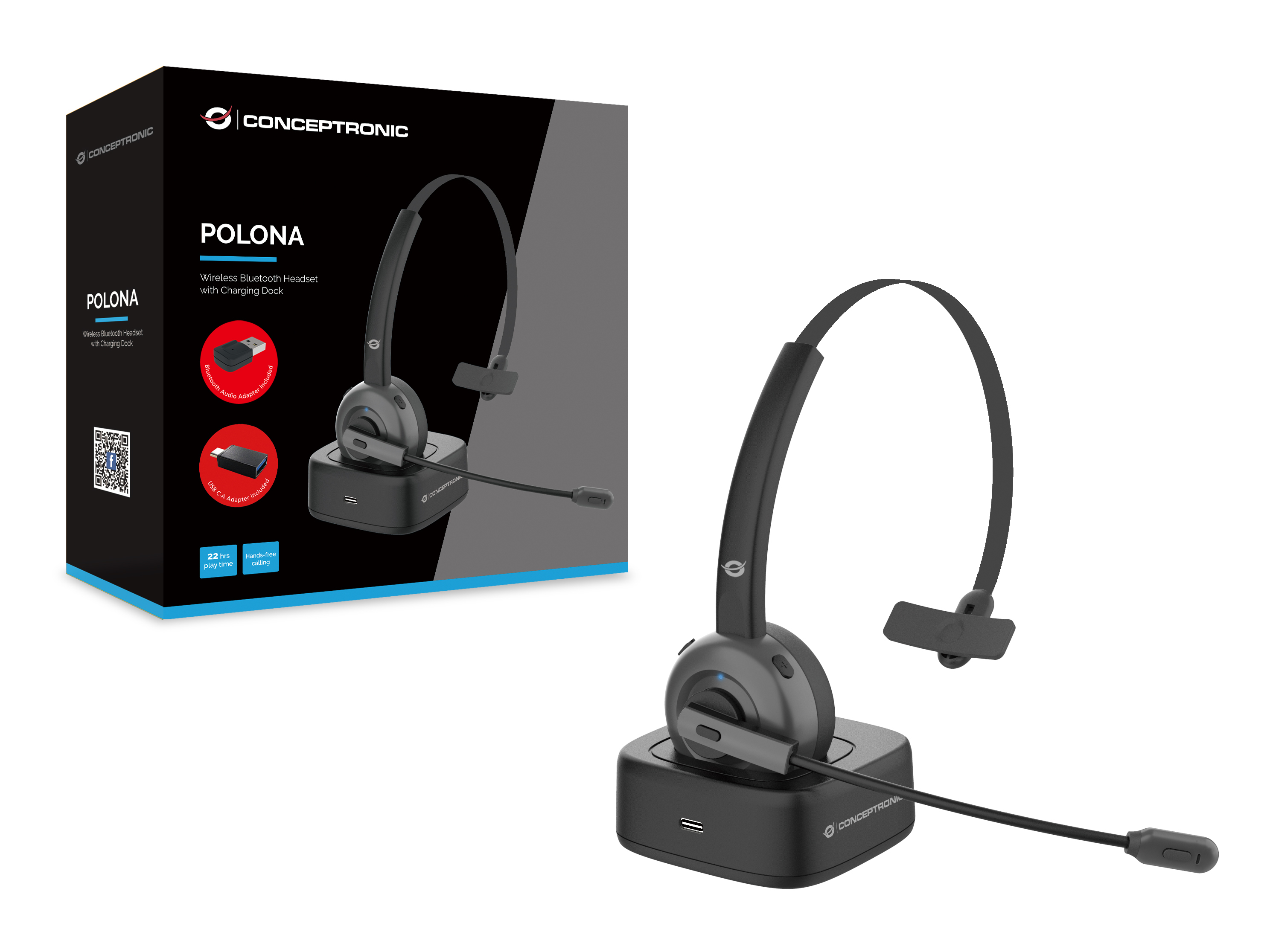 Picture of Picture of Headset Conceptronic Polona 03BDA Mono-Headset c/Charging Dock e Bluetooth Audio Adapter + Dongle
