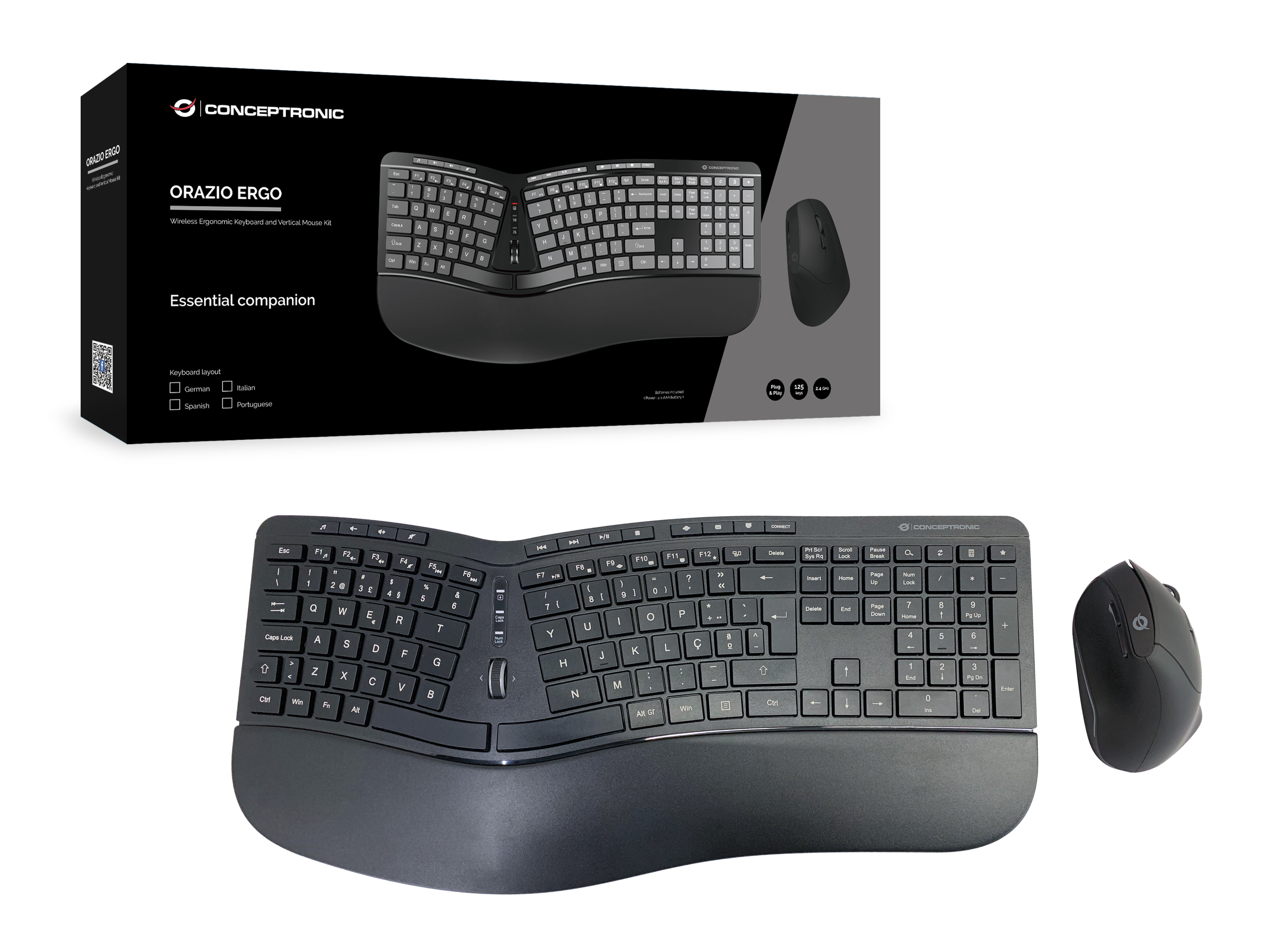 conceptronic - Teclado + Ratón Ergonómico Wireless Conceptronic ORAZIO02PT Negro (PT)