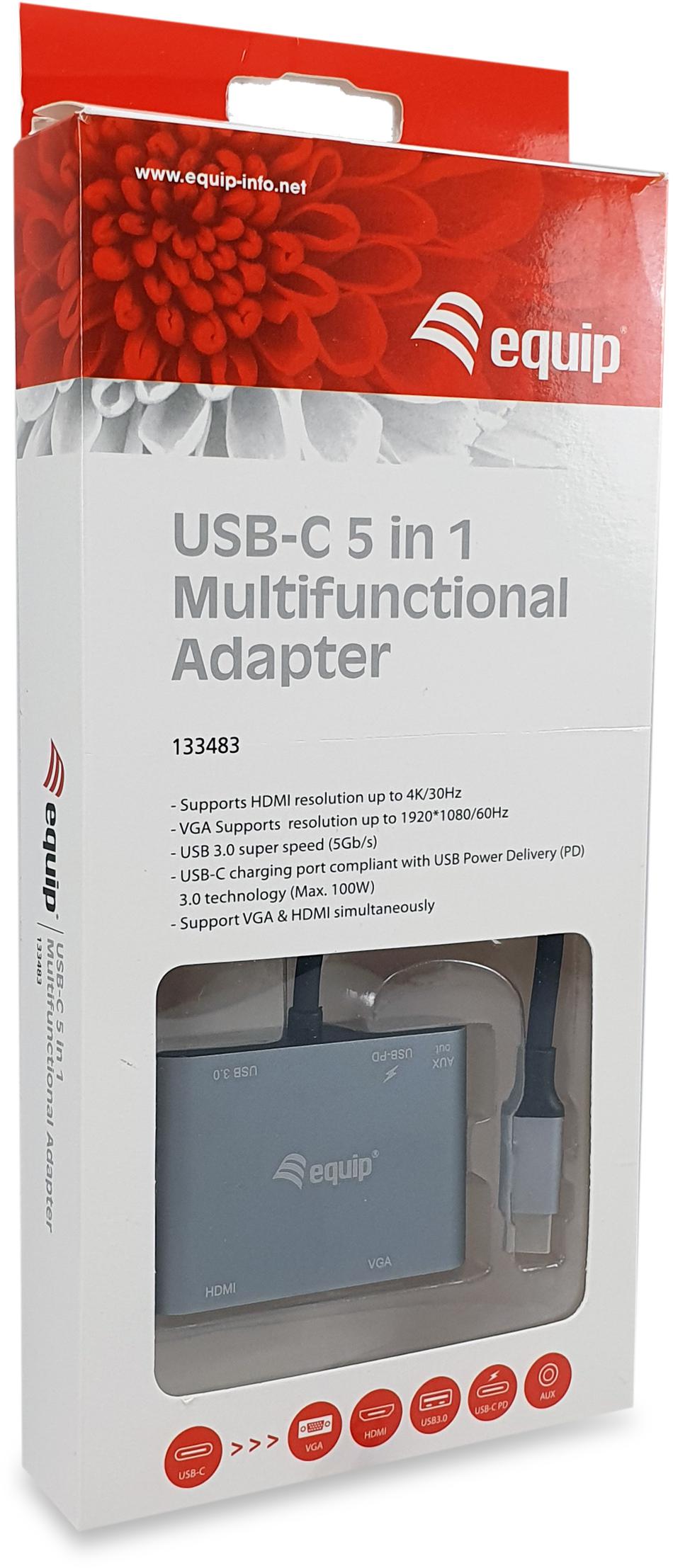 equip - Adaptador Equip USB-C 5-in-1 Multiport PD 100W Gris