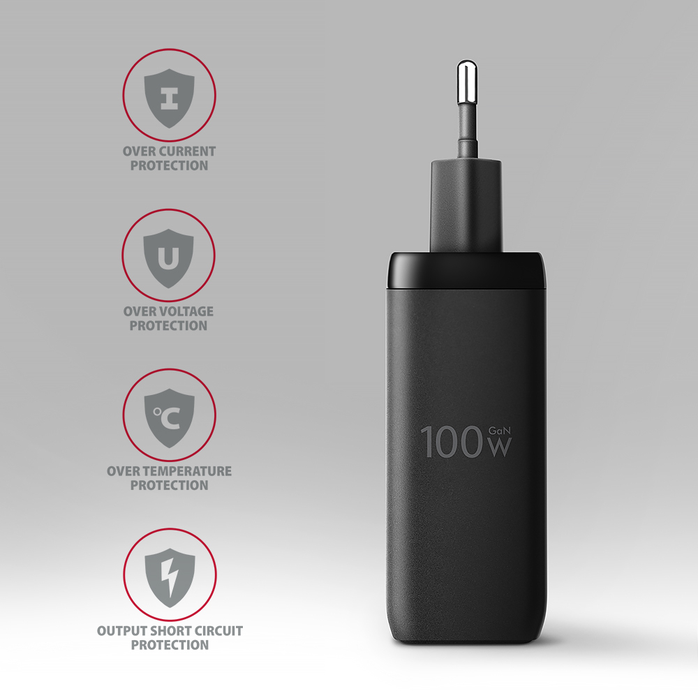 AXAGON - Cargador de pared AXAGON ACU-DPQ100, 3 puertas (USB + USB-C duplo), PD3.0/QC4+/PPS/Apple, 100 W, Negro