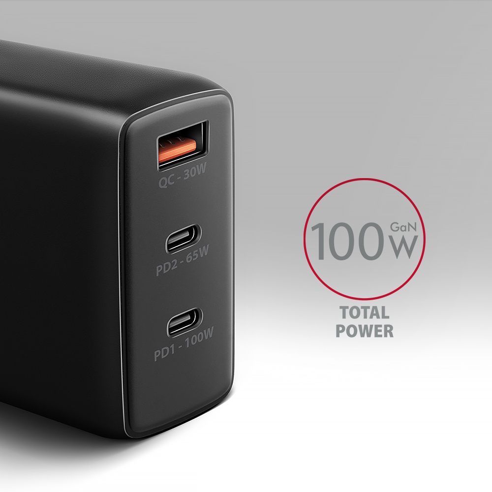 Picture of Picture of Cargador de pared AXAGON ACU-DPQ100, 3 puertas (USB + USB-C duplo), PD3.0/QC4+/PPS/Apple, 100 W, Negro