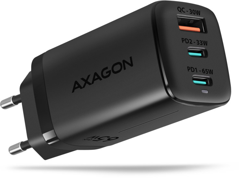 Picture of Picture of AXAGON ACU-DPQ65 Cargador de Pared, 3 puertas (USB + Dual USB-C), PD3.0/QC4+/PPS/Apple, 65 W, Negro