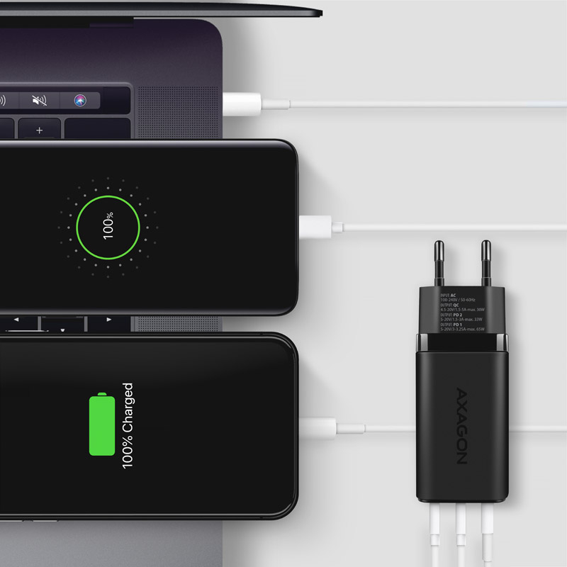 Picture of Picture of AXAGON ACU-DPQ65 Cargador de Pared, 3 puertas (USB + Dual USB-C), PD3.0/QC4+/PPS/Apple, 65 W, Negro