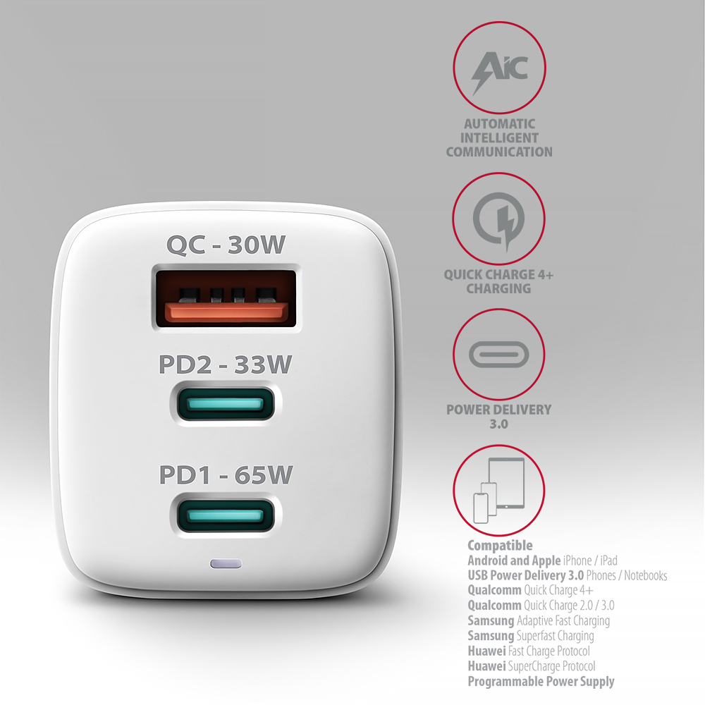 AXAGON - Cargador de pared AXAGON ACU-DPQ65, 3 puertas (USB + USB-C duplo), PD3.0/QC4+/PPS/Apple, 65 W, Blanco
