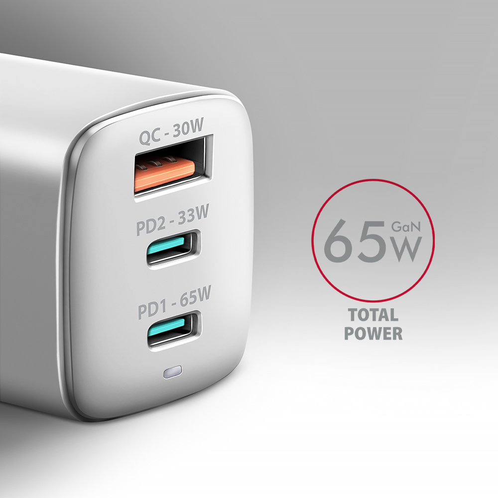 Picture of Picture of Cargador de pared AXAGON ACU-DPQ65, 3 puertas (USB + USB-C duplo), PD3.0/QC4+/PPS/Apple, 65 W, Blanco