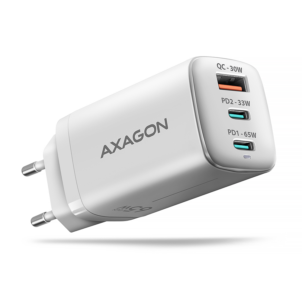 Picture of Picture of Cargador de pared AXAGON ACU-DPQ65, 3 puertas (USB + USB-C duplo), PD3.0/QC4+/PPS/Apple, 65 W, Blanco