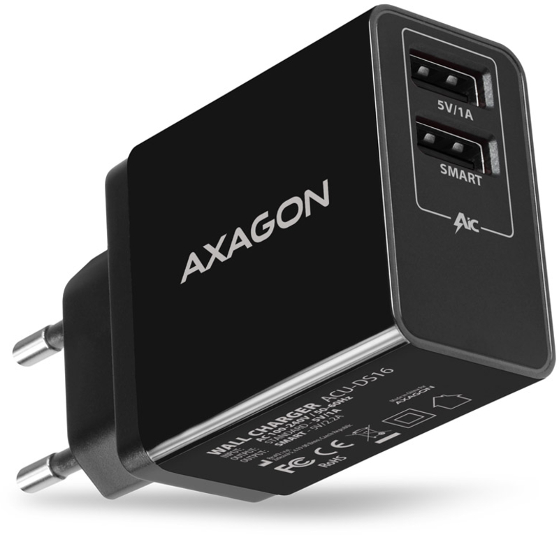 Picture of Picture of Cargador de pared AXAGON ACU-DS16  2x 5V-2.2A + 1A 16W, Negro