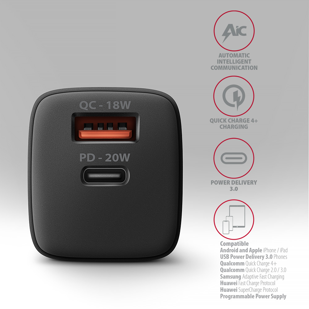 Picture of Picture of Cargador de pared AXAGON ACU-PQ20 QC3.0/AFC/FCP + PD type-C  20W Negro