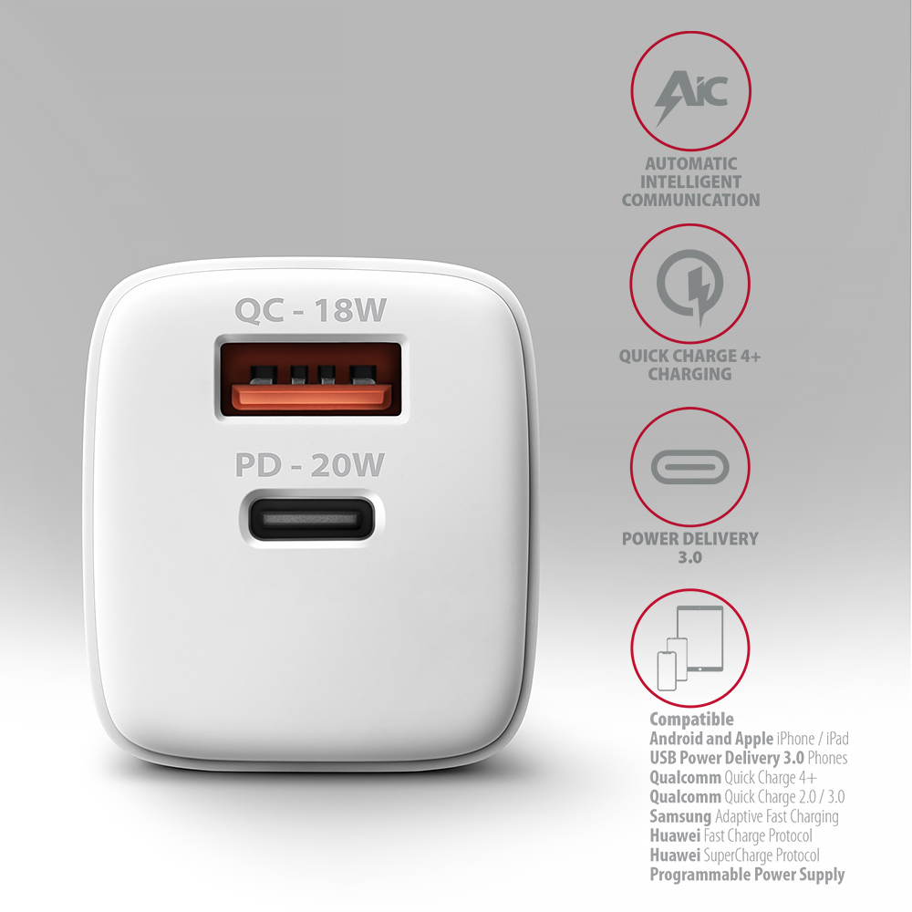 Picture of Picture of Cargador de pared AXAGON ACU-PQ20W QC3.0/AFC/FCP + PD type-C  20W Blanco