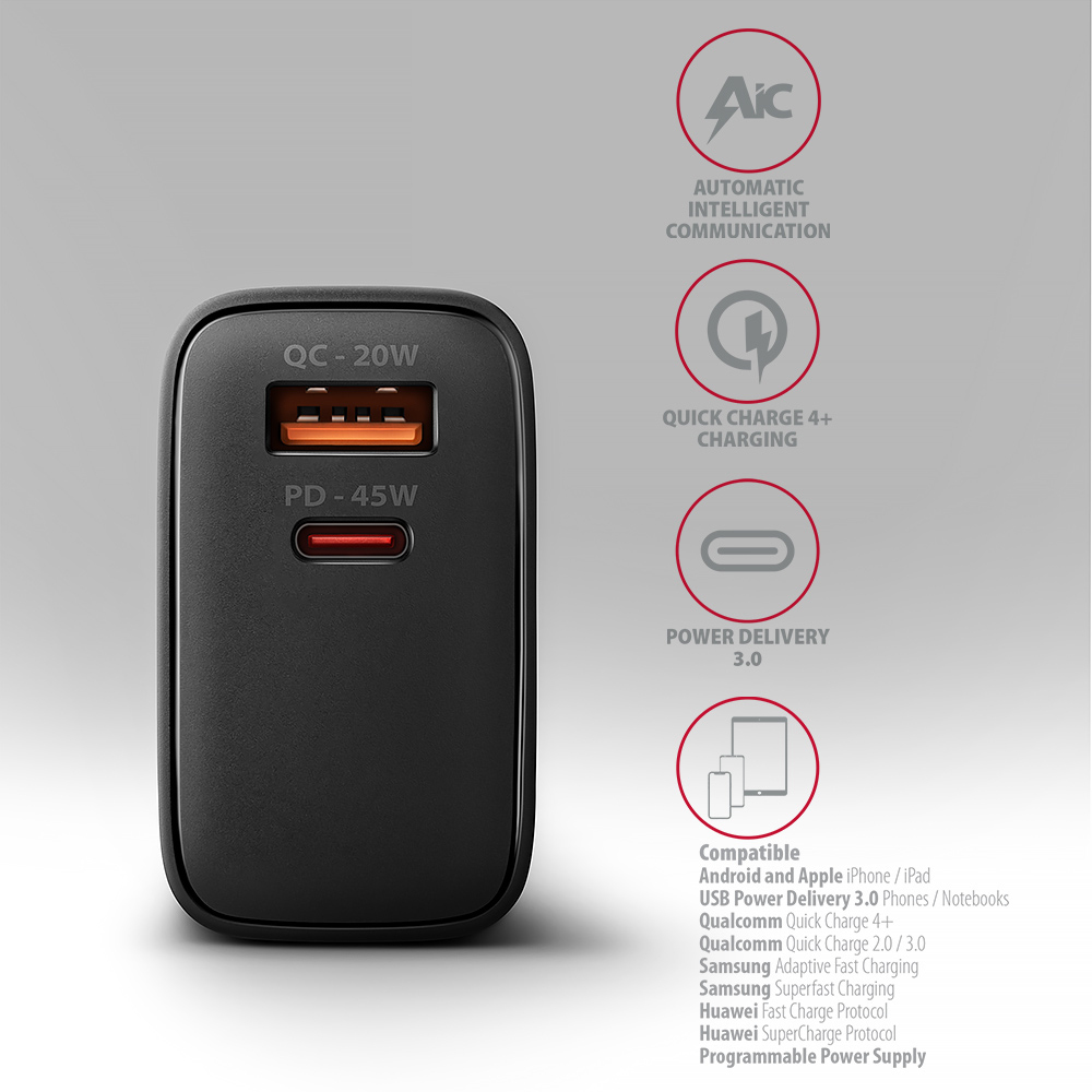 Picture of Picture of Cargador de pared AXAGON ACU-PQ45 QC3.0,4.0/AFC/FCP/PPS/Apple + PD type-C 45W Negro