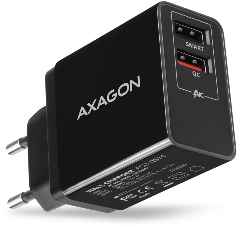 Picture of Picture of Cargador de pared AXAGON ACU-QS24 5V 1,2A + 1x QC3.0 24W Negro
