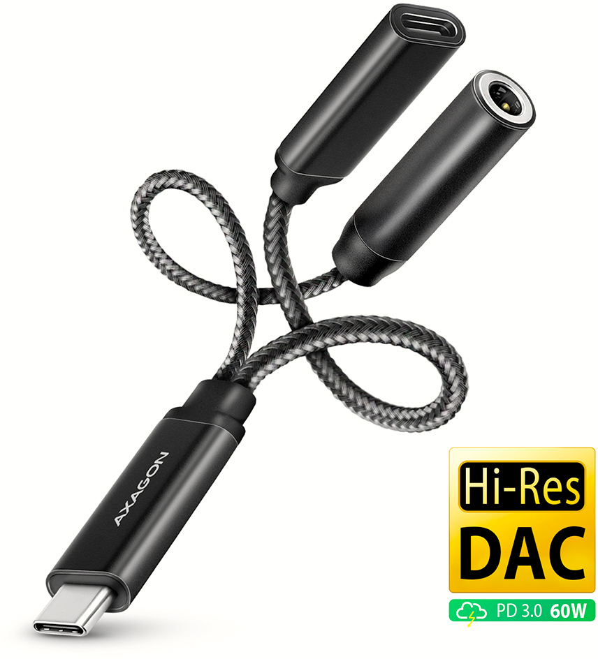 Picture of Picture of Adaptador Áudio AXAGON ADA-HCPD USB-C - 3.5mm (F) conector Hi-Res DAC 32bit 384kHz  PD 60W 3A