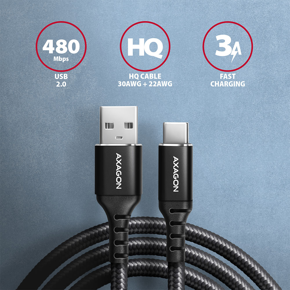 Picture of Picture of Cable de cargamento AXAGON BUCM-AM15AB USB-C  <-> USB-A, 1.5m, USB 2.0, 3A, ALU, braid, Negro
