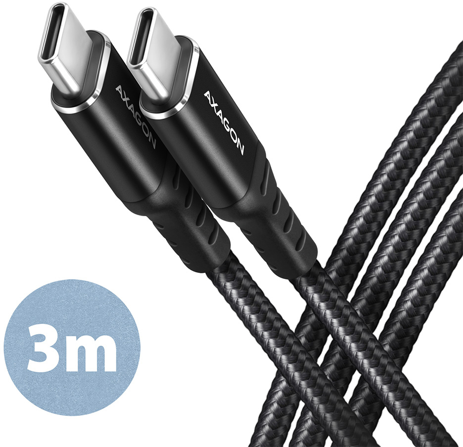 AXAGON - Cable de cargamento AXAGON BUCM-CM30AB USB-C  <-> USB-C 2.0, 3m, PD 60W, 3A, ALU, braid, Negro