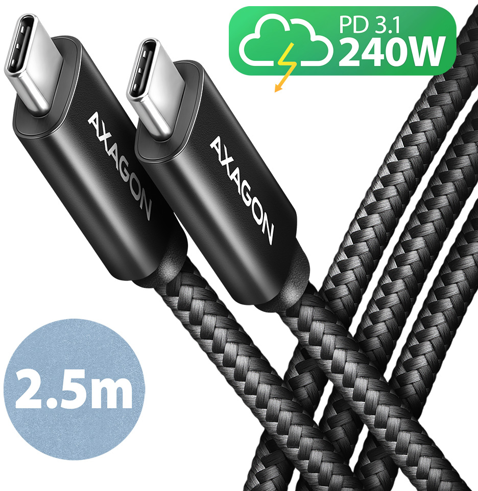 AXAGON - Cable de Carga AXAGON BUCM2-CM25AB USB-C <-> USB-C 2.0, 2.5m, PD 240W 5A, ALU, braid