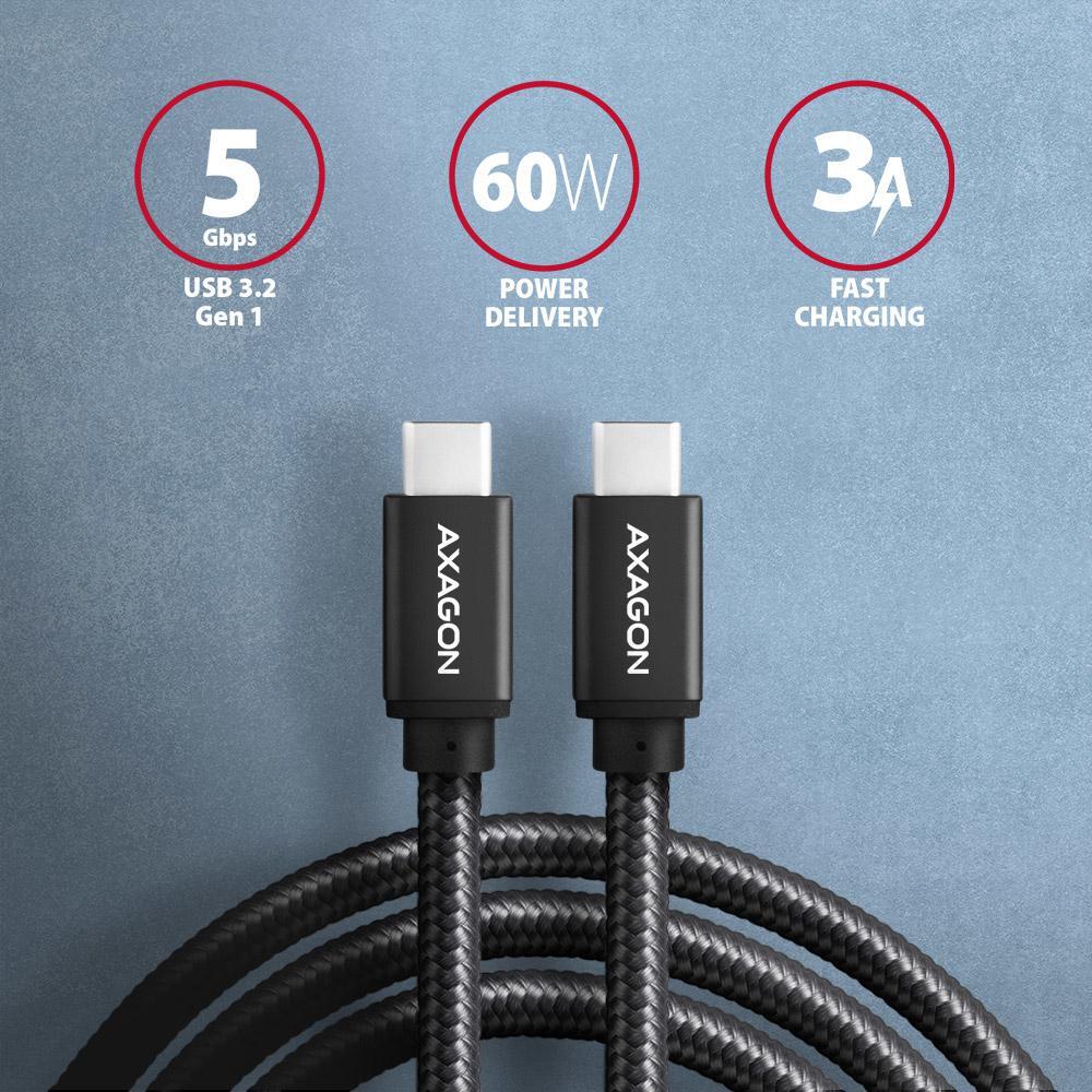 Picture of Picture of Cable de cargamento AXAGON BUCM3-CM30AB cable USB-C  <-> USB-C 3.2 Gen 1, 3m, PD 60W, 3A, ALU, braid, Negro