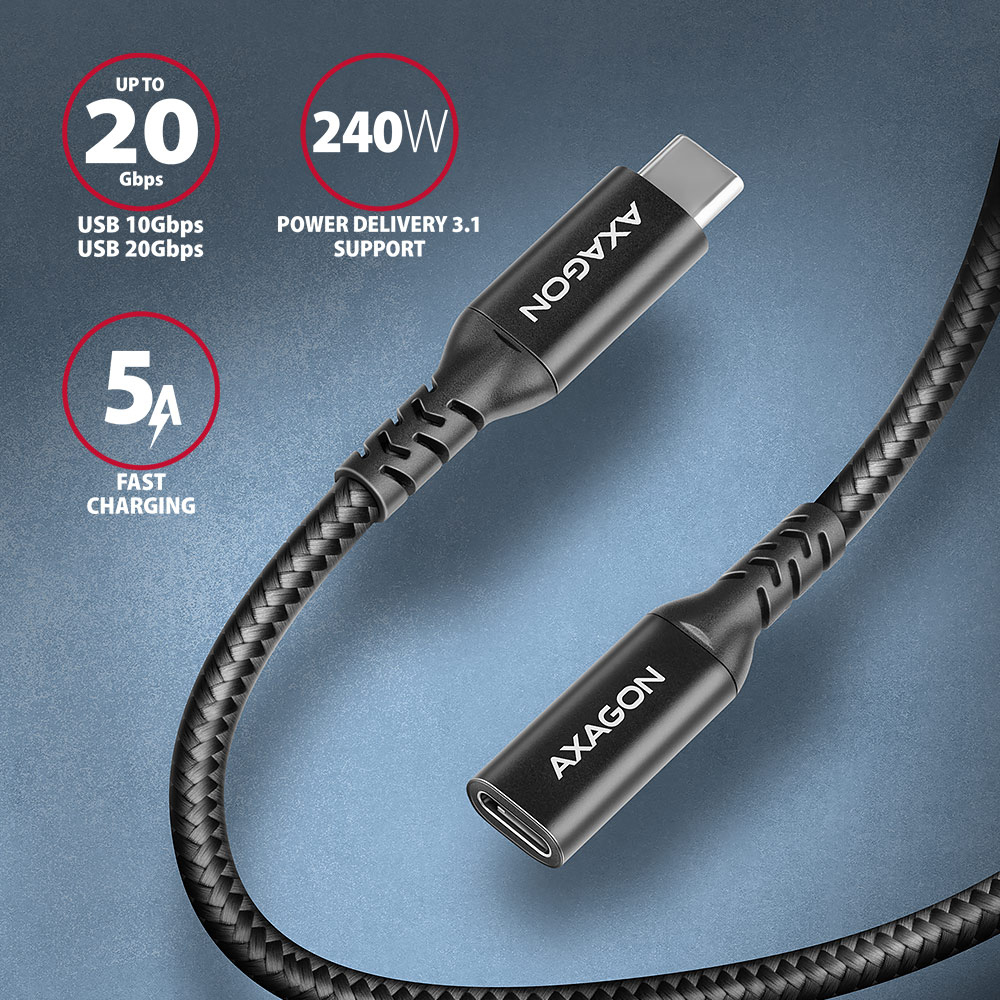 Picture of Picture of Extensión AXAGON BUCM32-CF15AB USB-C <-> USB-C 3.2 Gen 2, 1.5m, 20 Gbps, ALU, braid