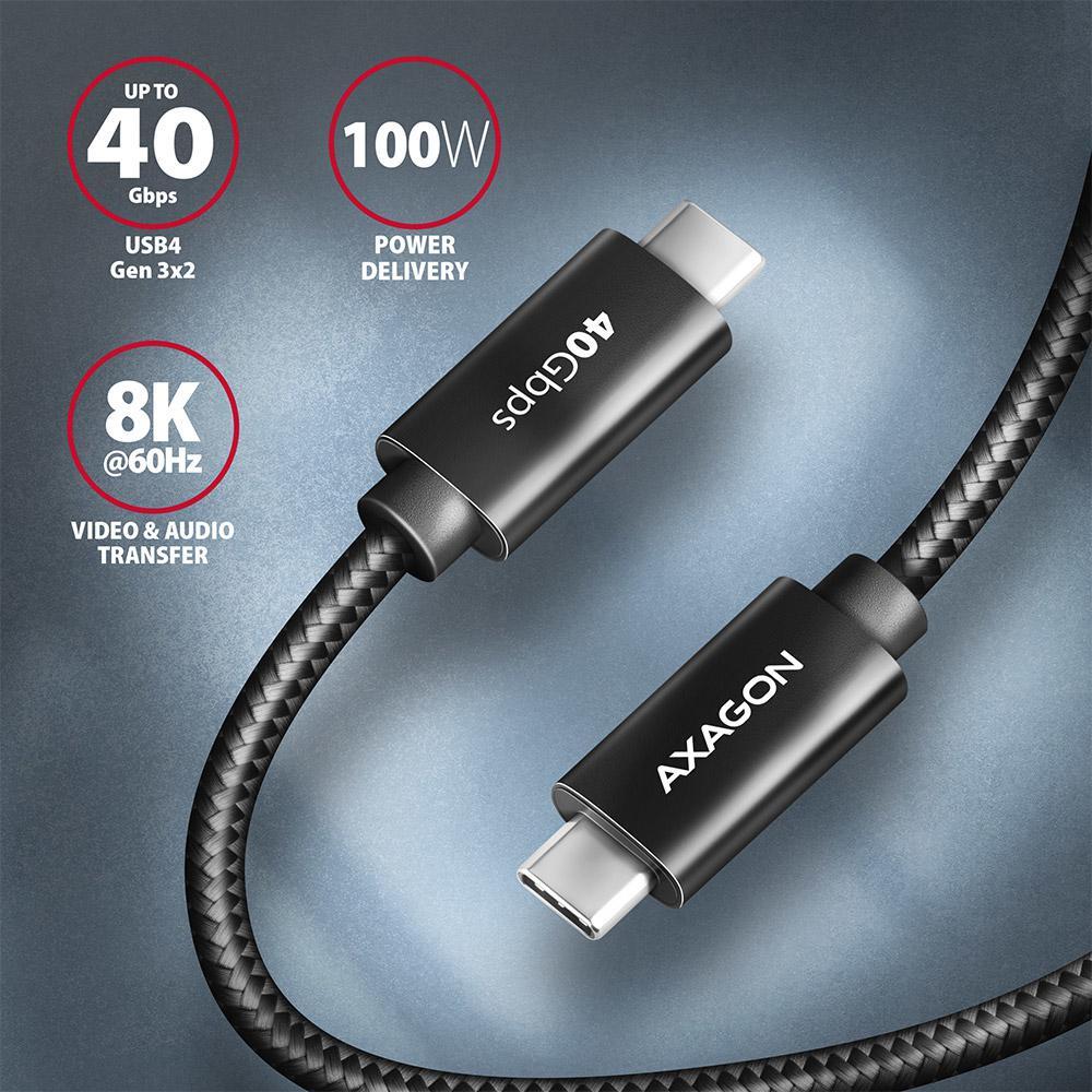 Picture of Picture of Cable de cargamento AXAGON BUCM432-CM10AB USB-C <-> USB-C, USB4 Gen 3×2, 1m, PD 100W, 8K HD, ALU, braid, Negro