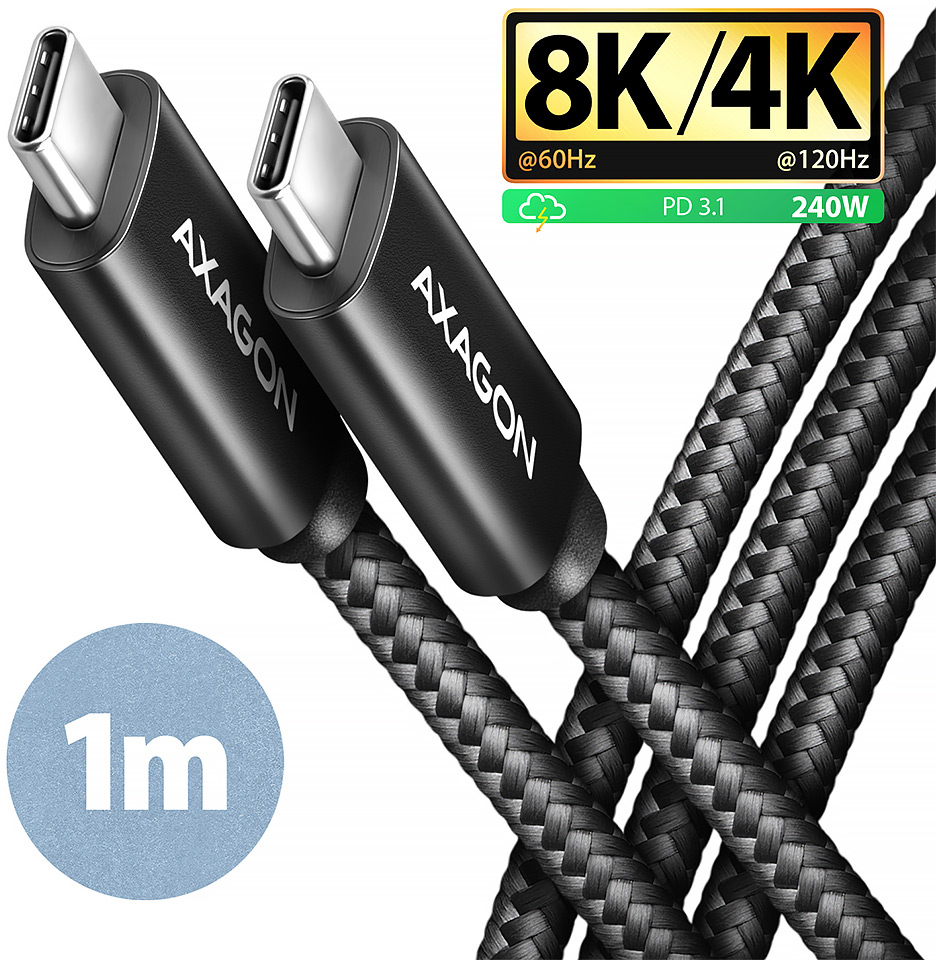 Picture of Picture of Cable de cargamento AXAGON BUCM4X-CM10AB USB-C <-> USB-C, USB4 Gen 3×2, 1m, PD 240W, 8K HD, ALU, braid, Negro