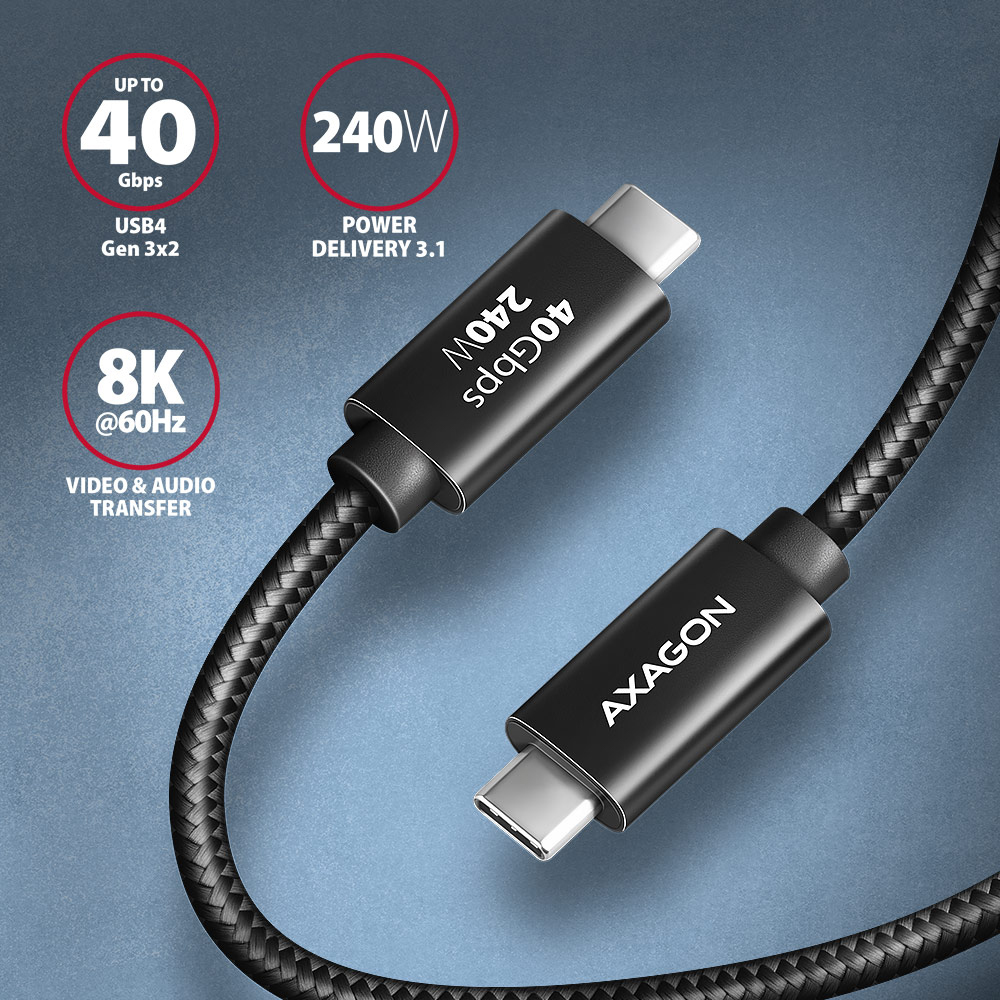 Picture of Picture of Cable de cargamento AXAGON BUCM4X-CM10AB USB-C <-> USB-C, USB4 Gen 3×2, 1m, PD 240W, 8K HD, ALU, braid, Negro