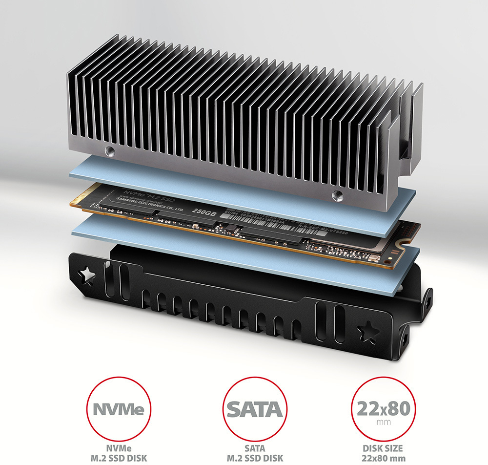 Picture of Picture of Dissipador de calor AXAGON CLR-M2XT passivo - M.2 SSD, 80mm SSD, ALU body, height 24mm