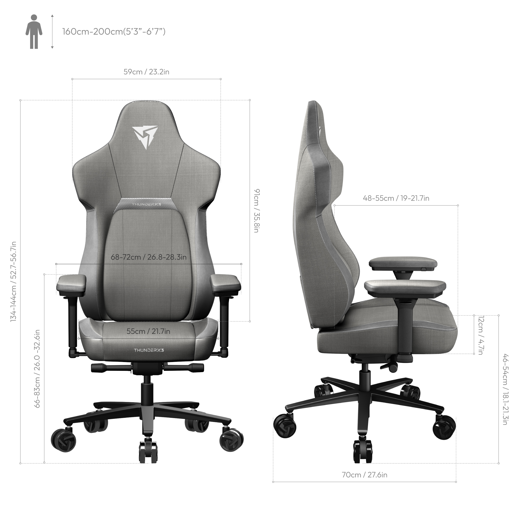 ThunderX3 - Silla Gaming ThunderX3 Core, Automatic lumbar fit, Loft Grey