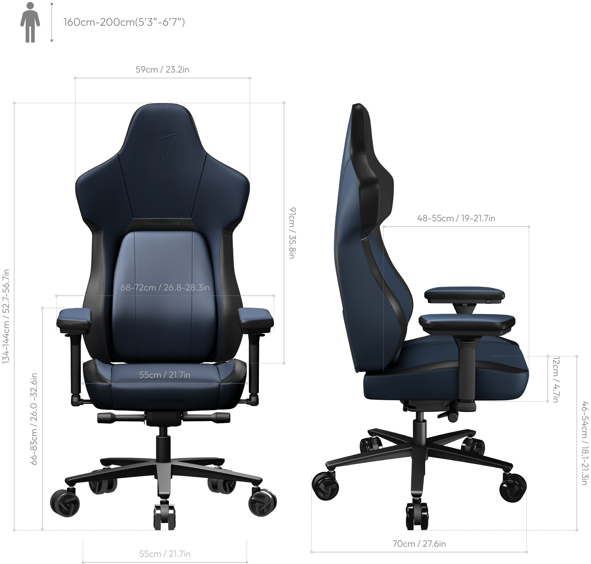 ThunderX3 - Silla Gaming ThunderX3 Core, Apoio lombar 360 graus - Modern Blue