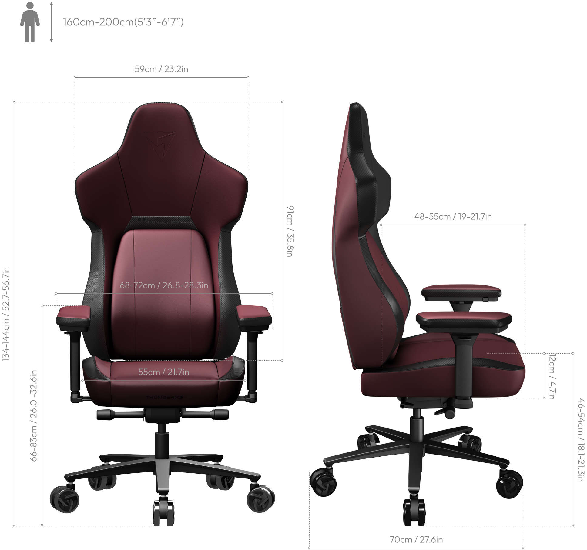 ThunderX3 - Silla Gaming ThunderX3 Core, Apoio lombar 360 graus - Modern Red